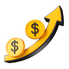 A rising graph arrow with dollar signs and coins, isolated on transparent background