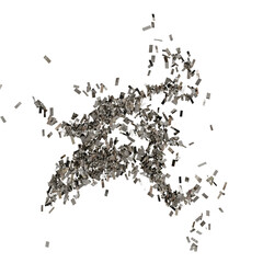 A 3D point cloud rendering depicting a fragmented, irregularly shaped mass.  Numerous small, grey...