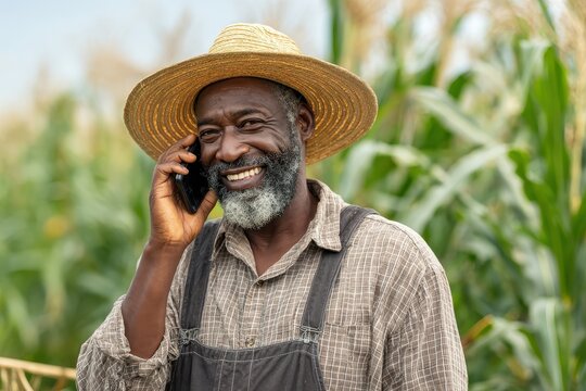 Farmer On Cell Phone. Happy African American Farmer Displaying Farm Photo on Phone Amidst Sugar Cane Field