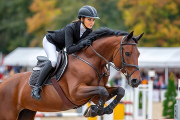 Obraz premium Equestrian jumping gracefully over hurdle with horse in competition