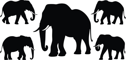 Black Elephant Silhouettes in Different Poses on Transparent Background