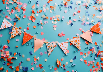 Fototapeta premium Birthday background, a banner with colorful flags, garland, and confetti on a blue-green color.