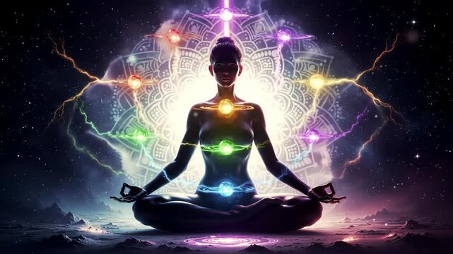 Meditating figure with glowing chakras, cosmic mandala, pulsing energy beams, spiritual animation - Powered by Adobe