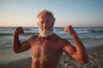 Fit Older Man at Beach Sunset: Senior Muscle Training and Fitness Workout