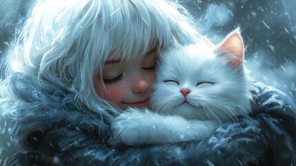 A girl and cat embrace in the winter snow.