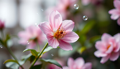 Obraz premium Künstlerische Makroaufnahme einer rosa Blüte mit Tropfen