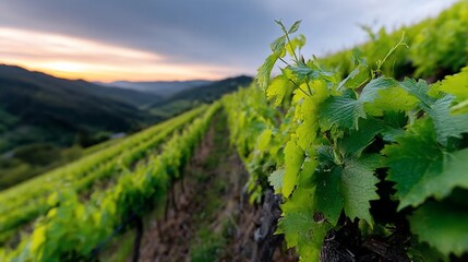 Naklejka premium Lush vineyard rows at sunset