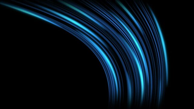 Cold air flow from conditioner effect. air light effect with blue rays. Freezing wind waves air blowing effect. Abstract directional optical fiber neon lines on black Background. Air cooling process