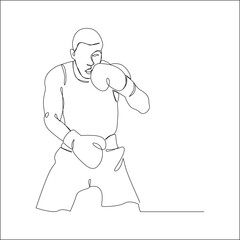 Continuous one line drawing of a male boxer in fighting stance, wearing boxing gloves and shorts, isolated on white background.