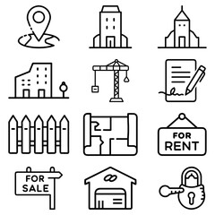 Collection of real estate related icons including buildings construction and property management elements