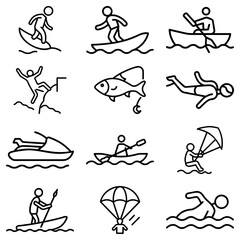 Collection of outline icons depicting various water sports and outdoor activities on a white background