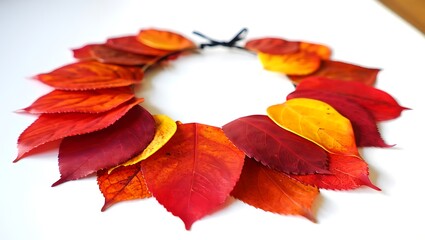 Autumn leaf wreath on a white background showcasing vibrant fall colors and seasonal decoration craft