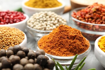 Different aromatic spices in bowls on table, closeup