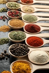 Many different spices in spoons on black table, closeup