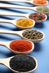 Different aromatic spices in spoons on blue background, closeup