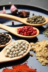 Different aromatic spices in spoons on plate, closeup