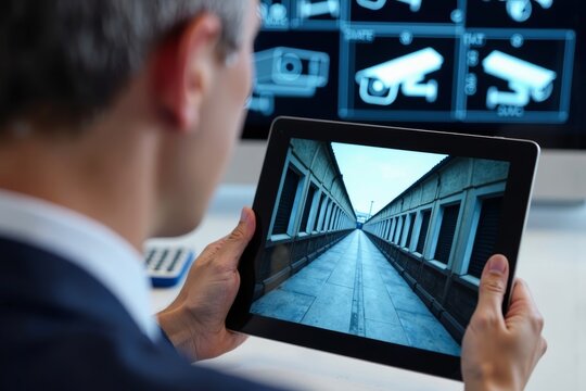 Security Footage Monitor Watching Surveillance Equipment on Tablet with Blueprint in Background