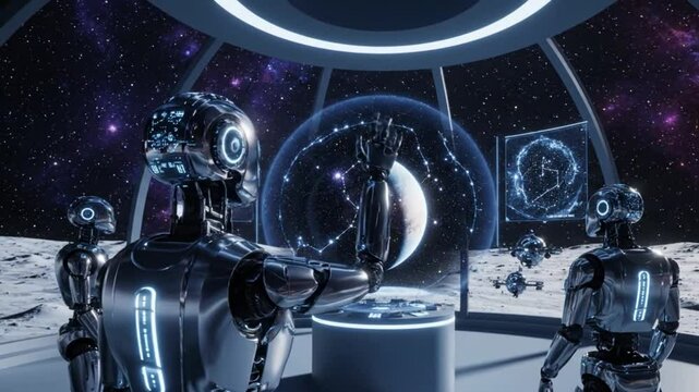 AI Robots Observing Distant Planet from Moon Base Observatory &mdash; Cosmic Curiosity