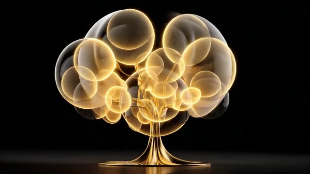 Golden bubble tree glowing in dark, golden bubble tree surrounded by sparkles, elegant golden bubble tree abstract art,  golden bubble, abstract sculpture, glowing tree, digital concept, fantasy str

