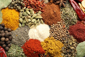 Different aromatic spices as background, top view