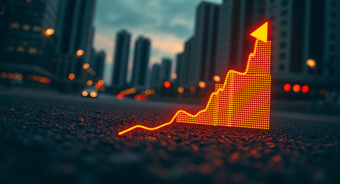 Glowing orange financial graph with upward arrow on city street upward trend