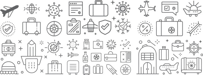 Travel Safety Icons: Airplanes, Luggage, Health, Protection, and More