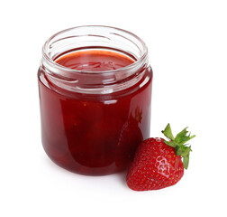 Tasty strawberry jam in jar and fresh berry isolated on white