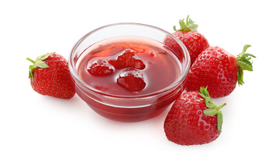 Tasty strawberry jam in bowl and fresh berries isolated on white