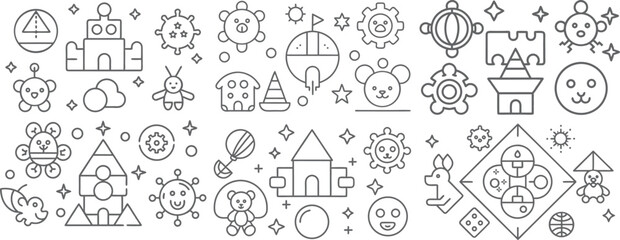 Colorful Line Art Illustrations of Kids Toys and Playful Icons