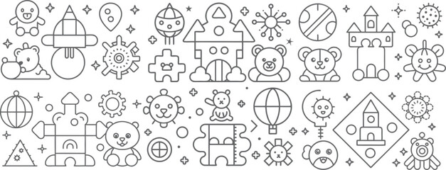 Obraz premium Cute Cartoon Icons of Toys, Bears, Castles, and Space Elements