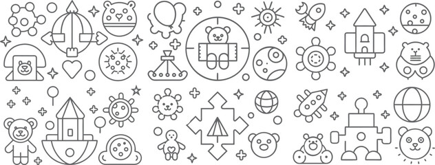 Space and Toy Themed Icon Collection with Bears and Stars