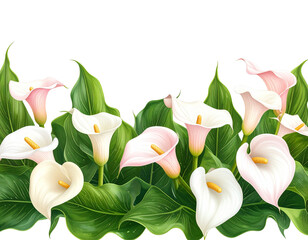 Horizontal Border of Calla Lilies with Leaves, isolated on transparent background.