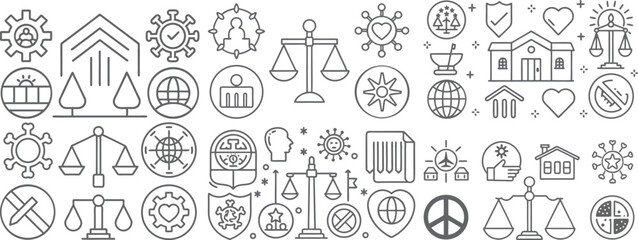 Fototapeta premium Comprehensive Icon Collection Representing Health, Justice, Nature, and Technology