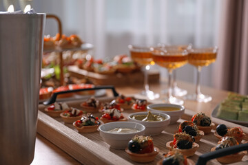 Buffet menu. Many different appetizers on table, closeup