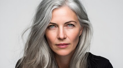 Naklejka premium Elegant mature woman portrait. Silver hair, serene expression. Perfect for beauty, fashion, and lifestyle projects.