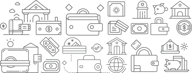 Comprehensive Financial Icon Set Featuring Money, Banks, Wallets, and Savings