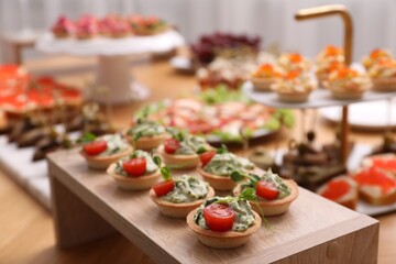 Buffet menu. Many different appetizers on table, closeup