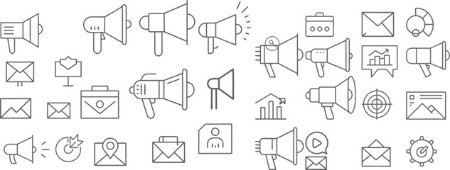 Comprehensive Set of Marketing Icons Featuring Megaphones and Communication Symbols