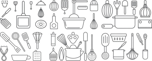 Comprehensive Set of Line Art Kitchen Utensils and Appliances