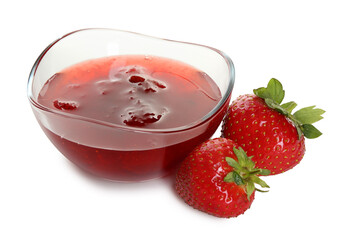 Tasty strawberry jam in glass bowl and fresh berries isolated on white