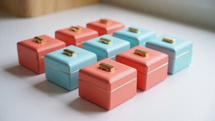 Elegant coral and teal gift boxes with gold accents offer surprise