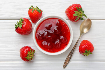 Tasty strawberry jam in bowl and fresh berries on white wooden table, flat lay