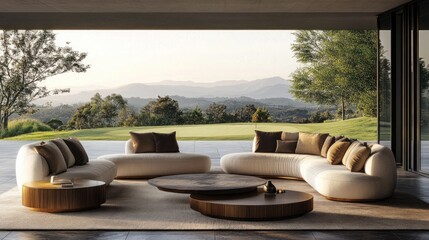 Luxurious Outdoor Living Room with Golf Course View, Modern Design.