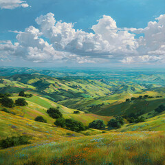 Naklejka premium Waves of Earth: A Serene Symphony of Undulating Hills and Blossoming Wildflowers