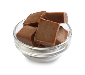 Tasty chocolate butter cubes in bowl isolated on white