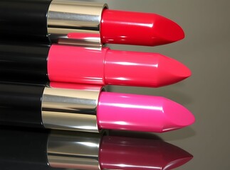 Three Lipsticks: A close-up shot showcasing three vibrant lipsticks in shades of red, pink, and fuchsia, arranged neatly in a row. The sleek black and silver packaging reflects on a glossy surface.