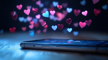 Digital Love: Social Media Likes and Hearts Floating Around Phone Screen