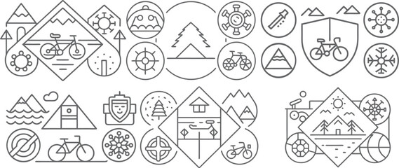 Collection of minimalist line art icons representing outdoor activities nature and health symbols including bicycles mountains snowflakes and virus icons