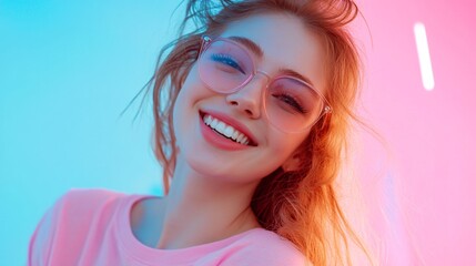 Vibrant Vlogger: Smiling Girl Recording Fun Vlog Against Soft Pastel Background