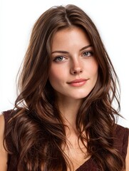 Naklejka premium Stunning portrait of a young woman with long brown hair and freckles. Perfect for beauty, fashion, and haircare advertising. Ideal for websites, magazines, and social media.